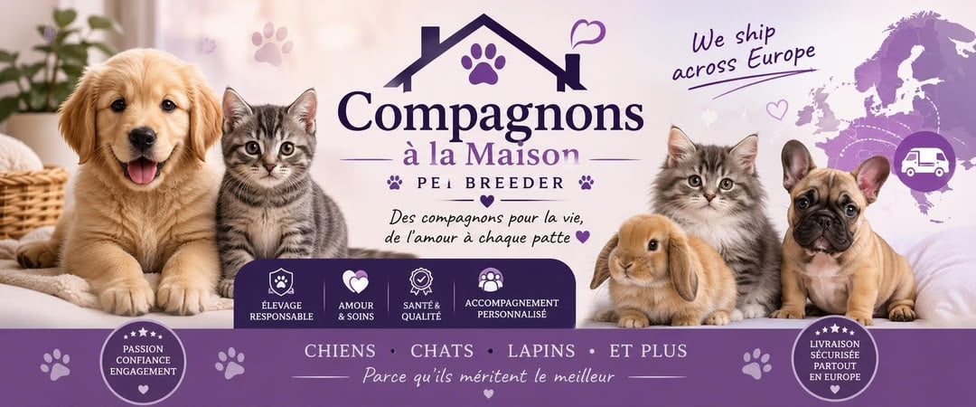 Compagnons à la Maison pet breeder banner showing dogs and cats with paw prints and European map